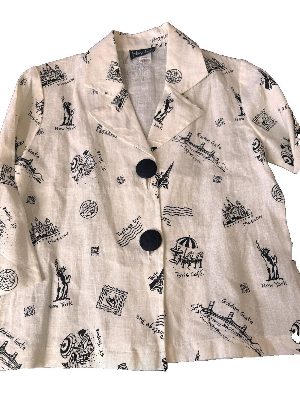 VTG Oversized Boxy Postcard Travel Jacket Linen Blazer Womens S Vacation Artist
